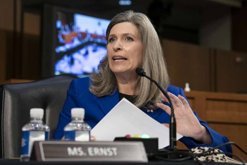 Sen. Joni Ernst, R-Iowa, questions Supreme Court nominee Amy Coney Barrett during the second day of her confirmation hearing before the Senate Judiciary Committee, Tuesday, Oct. 13, 2020, on Capitol Hill in Washington. (Alex Edelman/Pool via AP)