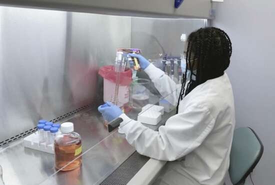 In this undated image from video provided by Regeneron Pharmaceuticals on Friday, Oct. 2, 2020, a scientist works in the company's Infectious Disease Lab in New York state, for efforts on an experimental coronavirus antibody drug. Antibodies are proteins the body makes when an infection occurs; they attach to a virus and help the immune system eliminate it. (Regeneron via AP)