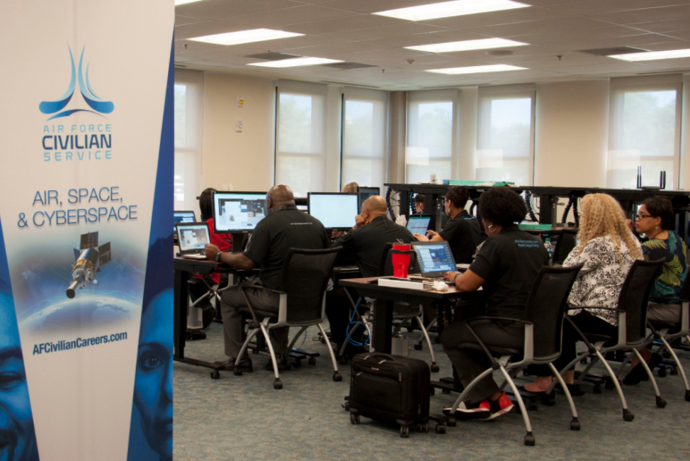 The Air Force Civilian Service’s Talent Acquisition Division at the Air Force’s Personnel Center, Joint Base San Antonio-Randolph, Texas, hosted an online virtual hiring event April 10, 2019, supporting Air Force Materiel Command’s recruiting efforts. With nearly 400 vacancies, talent acquisition consultants partnered with AFMC hiring officials to fill positions with well-qualified individuals. (U.S. Air Force photo by Angelina Casarez)

