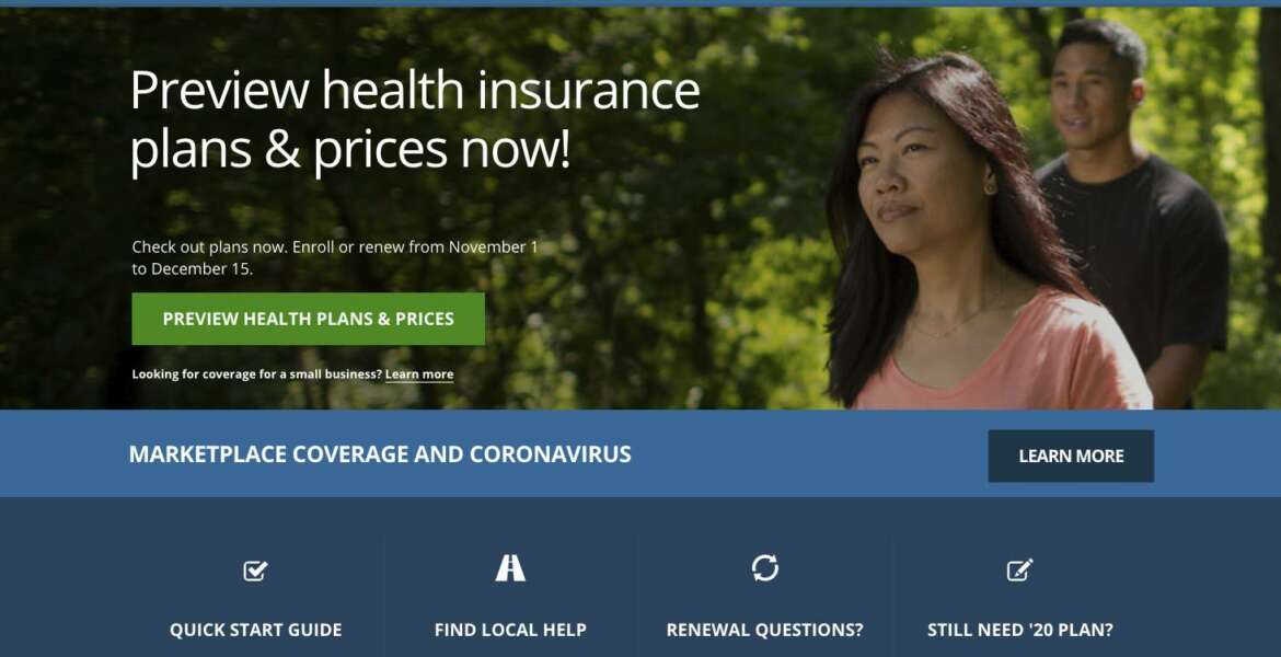 FILE - This image provided by U.S. Centers for Medicare & Medicaid Service shows the website for HealthCare.gov. Government figures out Friday, Dec. 18 show sign-ups for “Obamacare” health insurance plans are trending more than 6% higher amid surging coronavirus cases and deepening economic misery.  (U.S. Centers for Medicare & Medicaid Service via AP)