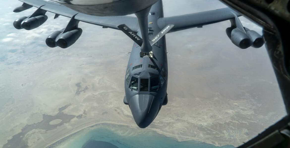 A U.S. Air Force B-52H “Stratofortress” from Minot Air Force Base, N.D., is refueled by a KC-135 “Stratotanker” in the U.S. Central Command area of responsibility Wednesday, Dec. 30, 2020. The United States flew strategic bombers over the Persian Gulf on Wednesday for the second time this month, a show of force meant to deter Iran from attacking American or allied targets in the Middle East. (Senior Airman Roslyn Ward/U.S. Air Force via AP)