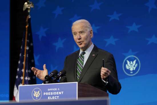 President-elect Joe Biden speaks during an event at The Queen theater, Saturday, Jan. 16, 2021, in Wilmington, Del. (AP Photo/Matt Slocum)