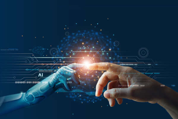 AI, Machine learning, Hands of robot and human touching on big data network connection background, Science and artificial intelligence technology, innovation and futuristic.