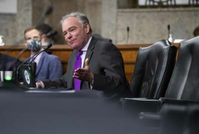 Sen. Tim Kaine, D-Va., questions United States Ambassador to the United Nations nominee Linda Thomas-Greenfield during for her confirmation hearing before the Senate Foreign Relations Committee on Capitol Hill, Wednesday, Jan. 27, 2021, in Washington. (Michael Reynolds/Pool via AP)