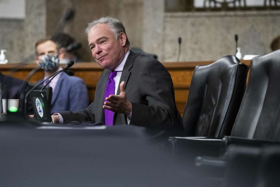 Sen. Tim Kaine, D-Va., questions United States Ambassador to the United Nations nominee Linda Thomas-Greenfield during for her confirmation hearing before the Senate Foreign Relations Committee on Capitol Hill, Wednesday, Jan. 27, 2021, in Washington. (Michael Reynolds/Pool via AP)