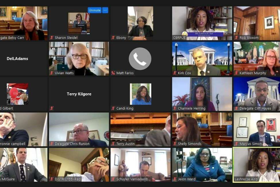 This screenshot provided by the Virginia House of Delegates shows the zoom screen during the session Wednesday Feb. 10, 2021.(Virginia House of Delegates via AP)