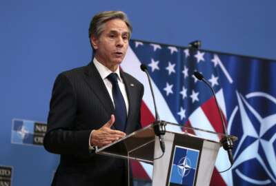 U.S. Secretary of State Antony Blinken speaks during a media conference after a meeting of NATO foreign ministers at NATO headquarters in Brussels on Wednesday, March 24, 2021. (AP Photo/Virginia Mayo, Pool)