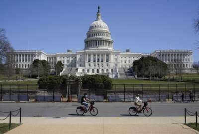Bicyclists ride past an inner perimeter of security fencing on Capitol Hill in Washington, Sunday, March 21, 2021, after portions of an outer perimeter of fencing were removed overnight to allow public access. (AP Photo/Patrick Semansky)