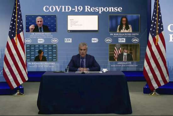 FILE - In this Jan. 27, 2021, file image from video, Jeff Zients, White House coronavirus response coordinator, speaks as Dr. Anthony Fauci, director of the National Institute of Allergy and Infectious Diseases and chief medical adviser to the president., Dr. Marcella Nunez-Smith, chair of the COVID-19 health equity task force, Dr. Rochelle Walensky, director of the Centers for Disease Control and Prevention, and Andy Slavitt, senior adviser to the White House COVID-19 Response Team,, appear on screen during a White House briefing on the Biden administration's response to the COVID-19 pandemic in Washington. (White House via AP, File)