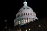 The Capitol is seen at dusk as work in the Senate is stalled on the Democrats' $1.9 trillion COVID-19 relief bill, in Washington, Friday, March 5, 2021. Senators plan to continue to vote on amendments through the night. (AP Photo/J. Scott Applewhite)