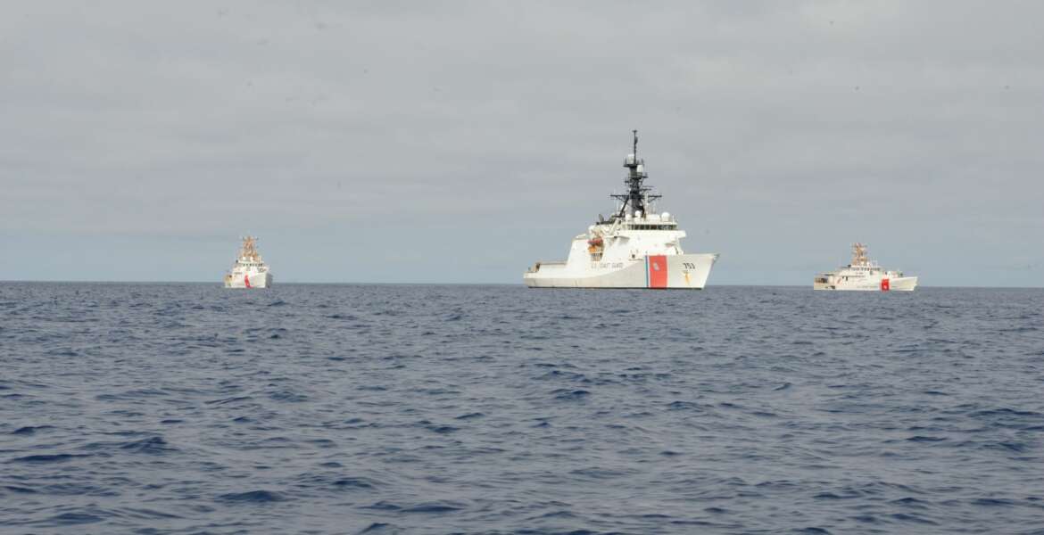 The Legend-class national security cutter (NSC) USCGC Hamilton (WMSL 753) escorts two Sentinel-class fast response cutters, USCGC Charles Moulthrope (WPC 1141) and USCGC Robert Goldman (WPC 1142), across the Atlantic to their new homeport in Bahrain before continuing their deployment in the U.S. Navy’s Sixth Fleet area of responsibility, April 12, 2021. The U.S Coast Guard is on a routine deployment in the U.S. Sixth Fleet area of operations in support of U.S. national interests and security in Europe and Africa. Photo by: Petty Officer 3rd Class Sydney Phoenix