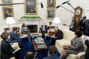 President Joe Biden, accompanied by from left, Council of Economic Advisers chairwoman Cecilia Rouse, National Economic Council director Brian Deese, Vice President Kamala Harris, Treasury Secretary Janet Yellen and Office of Management and Budget acting director Shalanda Young, speaks as he gets his weekly economic briefing in the Oval Office of the White House, Friday, April 9, 2021, in Washington. (AP Photo/Andrew Harnik)