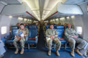 Soldiers assigned to the 3rd Squadron, 2d Cavalry Regiment prepare for departure aboard an aircraft at the Nuremberg Airport, Germany, July 26, 2018. 3/2CR is en route to Georgia to participate in Noble Partner 18 - a Georgian Armed Forces and U.S. Army Europe cooperatively-led exercise in its fourth iteration. The exercise is intended to support and enhance the readiness and interoperability of Georgia, the U.S. and participating nations during a multinational training operation. (U.S. Army photo by 1st Lt. Ellen C. Brabo)