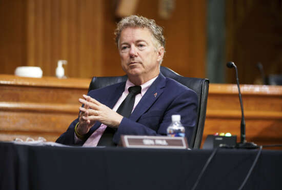 Sen. Rand Paul, R-Ky., listens during a Senate Health, Education, Labor and Pensions Committee hearing to examine an update from Federal officials on efforts to combat COVID-19 on Tuesday, May 11, 2021, on Capitol Hill, in Washington. (Greg Nash/Pool via AP)