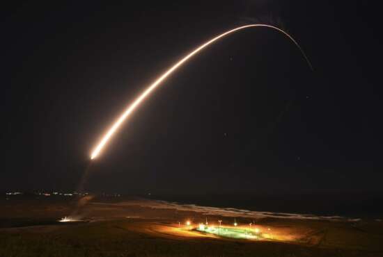 FILE - In this Feb. 23, 2021, file photo released by the U.S. Army Space and Missile Defense Command, an unarmed Minuteman 3 intercontinental ballistic missile launches during an operation test at Vandenberg Air Force Base, Calif. California's Vandenberg Air Force Base will be renamed as a U.S. Space Force Base. The name will be changed to Vandenberg Space Force Base during a ceremony Friday, May 14, 2021, on the parade field. The sprawling Central Coast base tests ballistic missiles and conducts orbital launches for defense, science and commercial purposes. (Brittany E. N. MurphyU.S. Army Space and Missile Defense Command via AP, File)