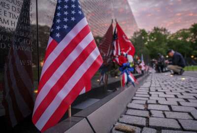 Visitors pause to look for names on the wall at the Vietnam Veterans War Memorial early in the morning on Memorial Day in Washington, Monday, May 31, 2021. (AP Photo/J. David Ake)