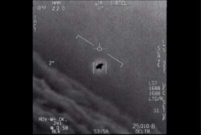 The image from video provided by the Department of Defense labelled Gimbal, from 2015, an unexplained object is seen at center as it is tracked as it soars high along the clouds, traveling against the wind. “There's a whole fleet of them,” one naval aviator tells another, though only one indistinct object is shown. “It's rotating.