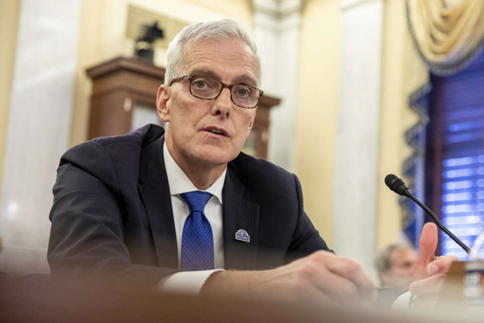 Denis McDonough, Secretary of Veterans Affairs, testifies before the Senate Committee on Veterans' Affairs on Capitol Hill in Washington on Wednesday, July 14, 2021. (AP Photo/Amanda Andrade-Rhoades)