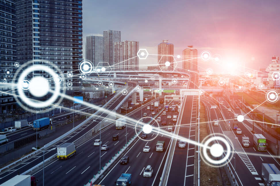 Modern city freeway and communication network. Intelligent Transport Systems.