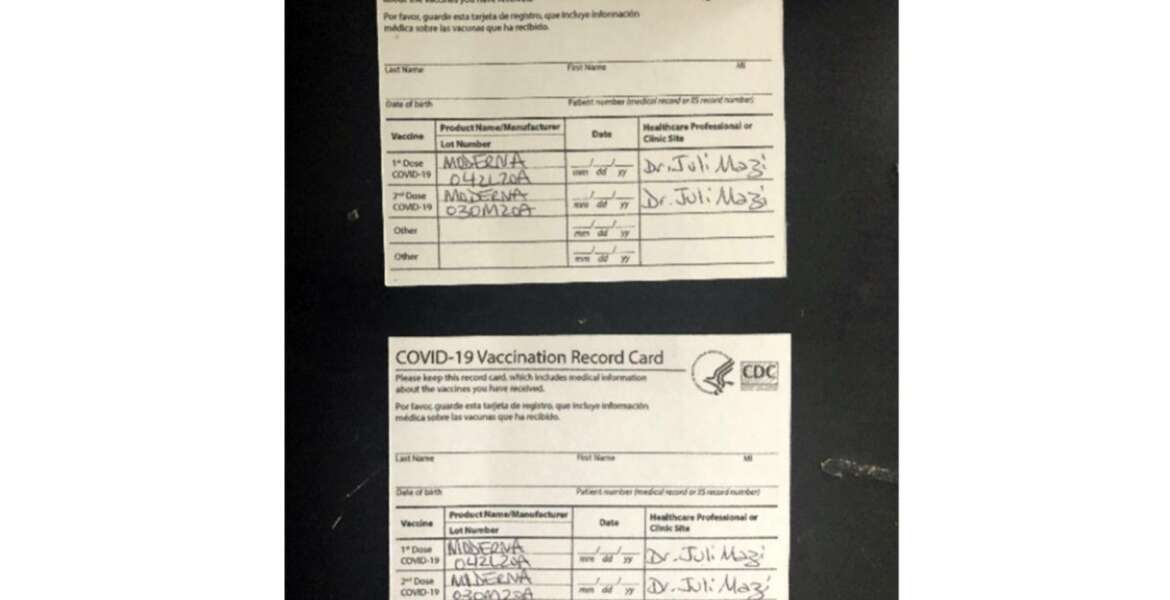 This undated image provided by the United States District Court for the Northern District of California shows two fake CDC COVID-19 Vaccination Record Cards that are part of a criminal complaint. With more than 600 colleges and universities now requiring proof of COVID-19 inoculations, an online industry has sprung up offering fake vaccine cards. Dozens of students interviewed by the Associated Press said they were aware of fake covid-19 vaccination cards, though none admitted to actually using one.  (U.S. District Court for the Northern District of California via AP)
