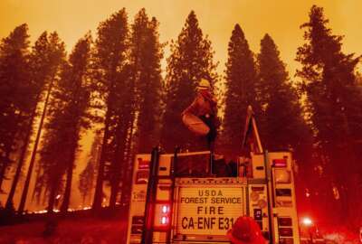 Firefighter Rosie Smith unloads hose from a truck while battling the Caldor Fire west of Strawberry in Eldorado National Forest, Calif., on Thursday, Aug. 26, 2021. (AP Photo/Noah Berger)