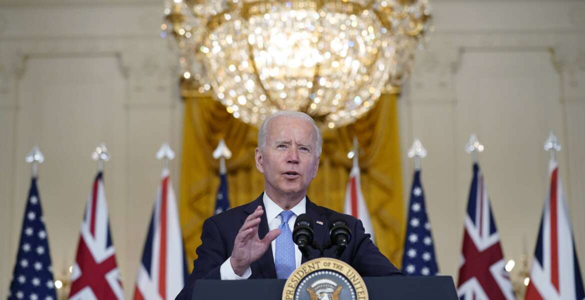 President Joe Biden, joined virtually by Australian Prime Minister Scott Morrison and British Prime Minister Boris Johnson, speaks about a national security initiative from the East Room of the White House in Washington, Wednesday, Sept. 15, 2021. (AP Photo/Andrew Harnik)