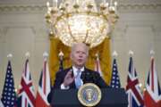 President Joe Biden, joined virtually by Australian Prime Minister Scott Morrison and British Prime Minister Boris Johnson, speaks about a national security initiative from the East Room of the White House in Washington, Wednesday, Sept. 15, 2021. (AP Photo/Andrew Harnik)