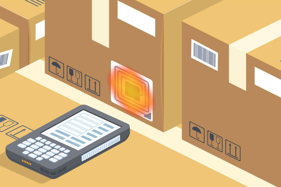 Vector modern barcode scanner reads box on storage. Contemporary rfid technology for warehouse with radio waves. Cartoon electronic device for shipping, selling and distribution. Business background.