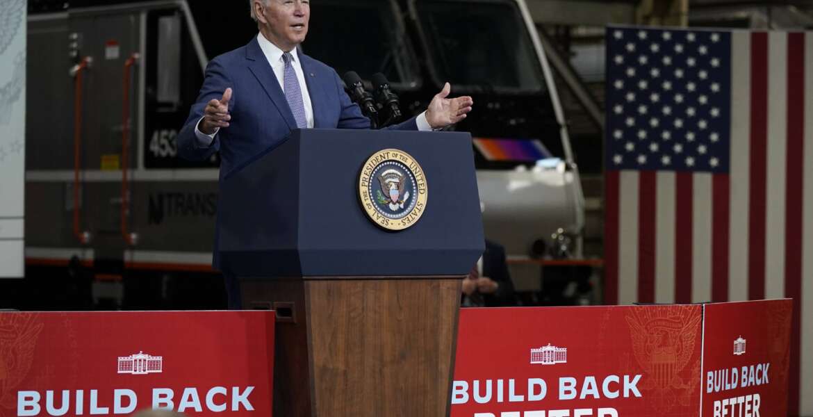 President Joe Biden delivers remarks at NJ Transit Meadowlands Maintenance Complex to promote his 