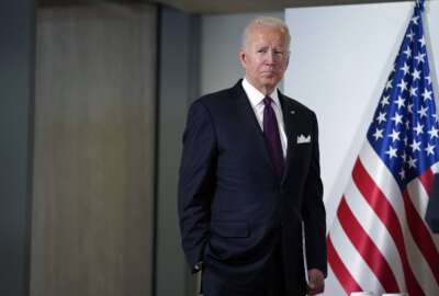 President Joe Biden and European Commission president Ursula von der Leyen, not shown, talk to reporters about pausing the trade war over steel and aluminum tariffs during the G20 leaders summit, Sunday, Oct. 31, 2021, in Rome. (AP Photo/Evan Vucci)