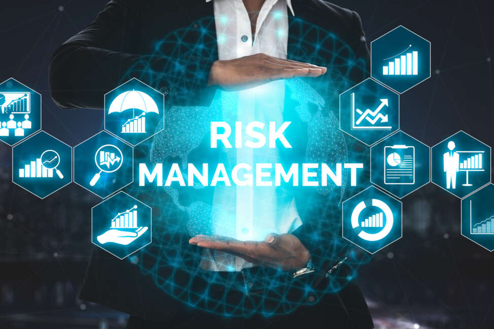 Risk Management and Assessment for Business Investment Concept. Modern graphic interface showing symbols of strategy in risky plan analysis to control unpredictable loss and build financial safety.