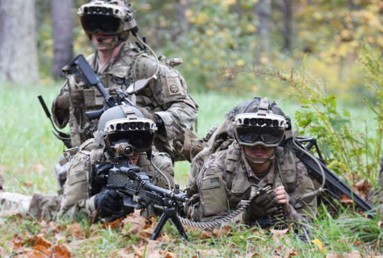 Soldiers from the 82nd Airborne Division used the latest prototype of the Integrated Visual Augmentation System (IVAS) during a training exercise in October at Fort Pickett, Va. The event was part of a larger Soldier Touch Point, the third major milestone in the development and testing of the IVAS, which will undergo one more STP in the spring before initial fielding next year. (U.S. Army Photo by Bridgett Siter)