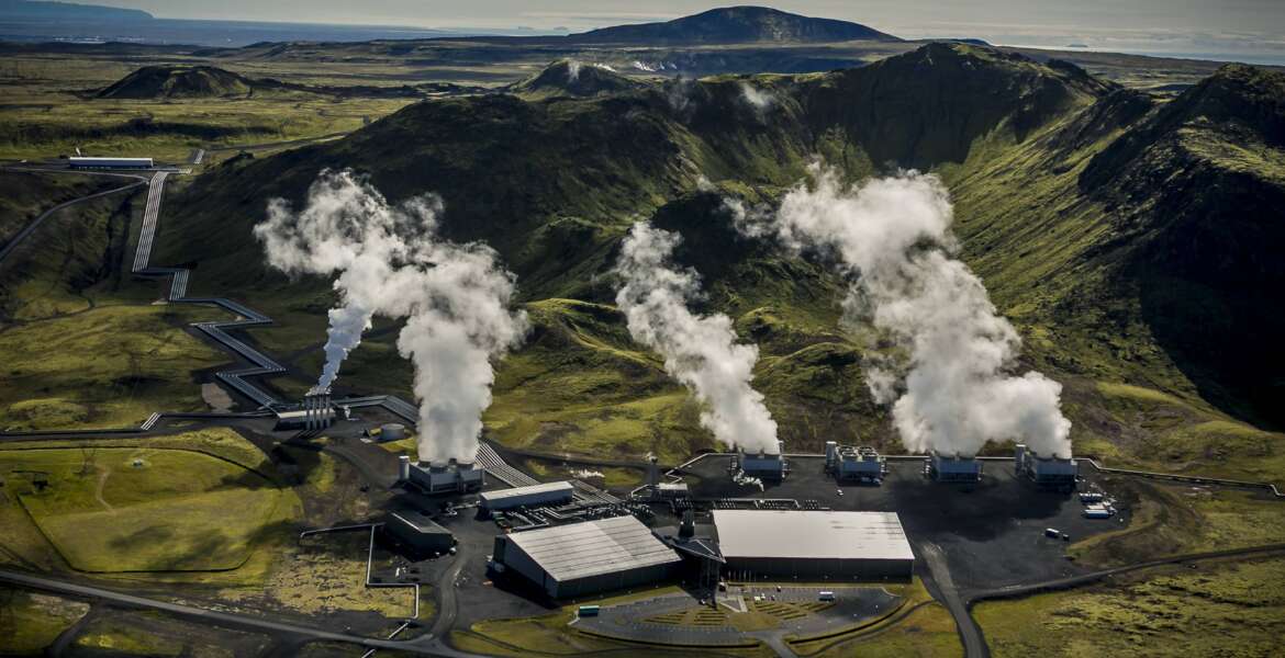 In this undated image provided by Climeworks AG shows a geothermal power plant near Reykjavik, Iceland. The Iceland plant, called Orca, is the largest such facility in the world, capturing about 4,000 metric tons of carbon dioxide per year. (Arni Saeberg/Climeworks AG via AP)