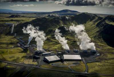 In this undated image provided by Climeworks AG shows a geothermal power plant near Reykjavik, Iceland. The Iceland plant, called Orca, is the largest such facility in the world, capturing about 4,000 metric tons of carbon dioxide per year. (Arni Saeberg/Climeworks AG via AP)