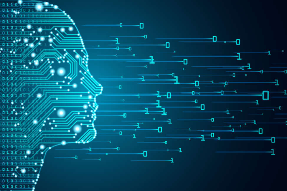 Big data and artificial intelligence concept. Machine learning and cyber mind domination concept in form of women face outline outline with circuit board and binary data flow on blue background.