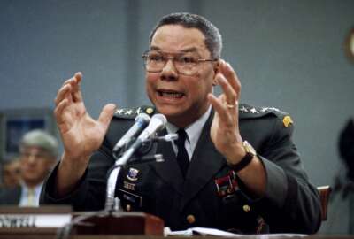 FILE - In this Sept. 25, 1991, file photo, Gen. Colin Powell, chairman of the Joint Chiefs of Staff, speaks on Capitol Hill in Washington, at a House Armed Services subcommittee. Powell, the widely praised soldier-diplomat who died of complications from COVID-19 last month, is being remembered at a funeral service Friday at the Washington National Cathedral. (AP Photo/Marcy Nighswander, File)