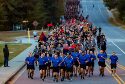 Paratroopers participate in a division run along Long Street during the All American Run on Fort Bragg, N.C. (U.S. Army photo by Spc. Vincent Levelev)