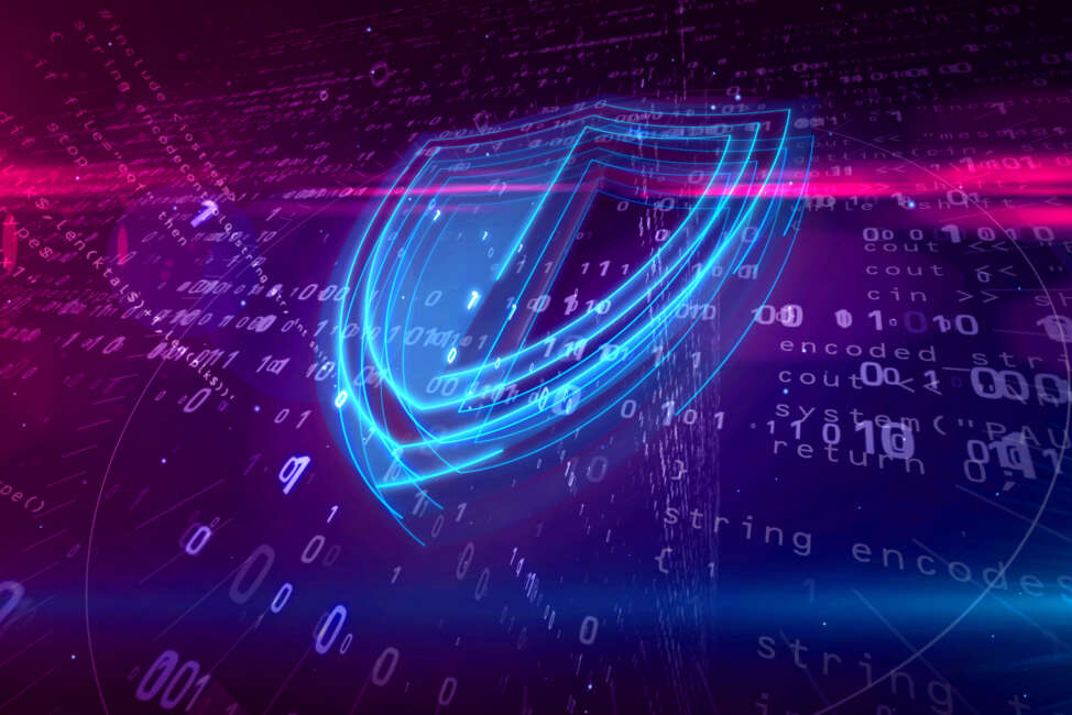 Cyber security abstract concept. 3D contour of shield icon on digital background. Computer safety symbol 3D illustration.