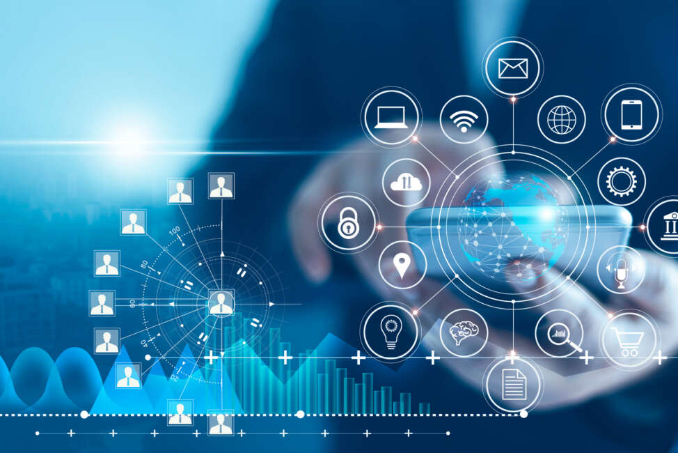 Businessman using mobile smartphone and icon network connection data with growth graph customer, digital marketing, banking and payment online, analysis and planning of business.