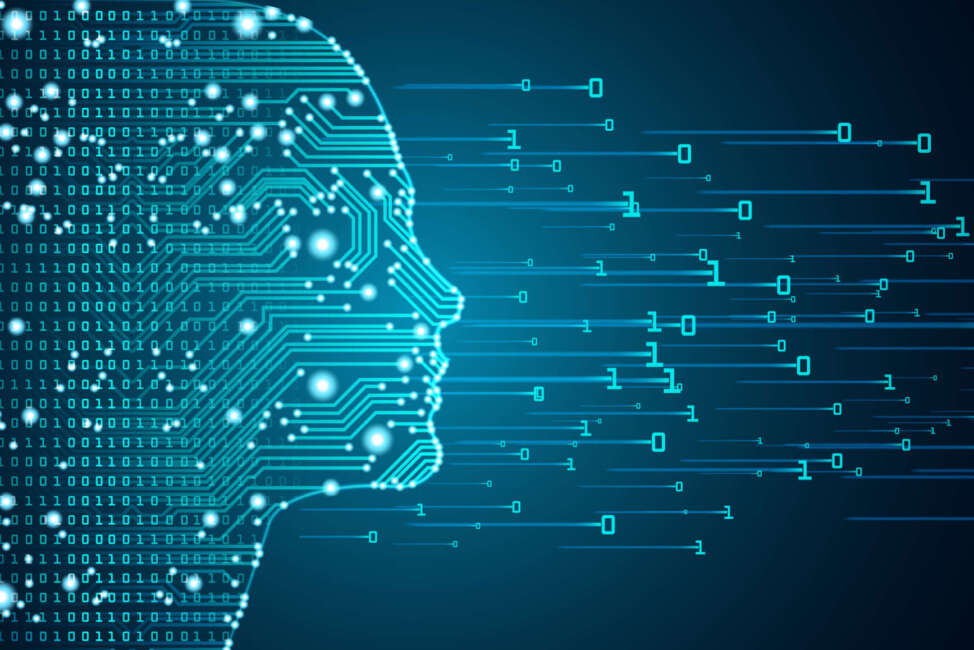 Big data and artificial intelligence concept. Machine learning and cyber mind domination concept in form of women face outline outline with circuit board and binary data flow on blue background.