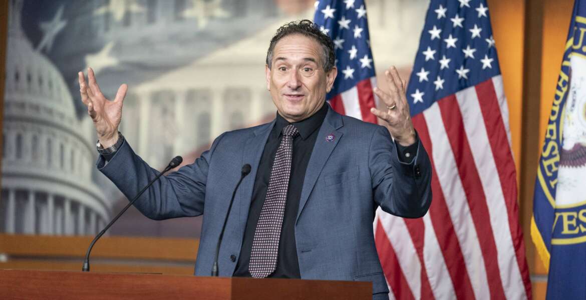 Rep. Andy Levin, D-Mich., speaks about the resolution he introduced on the rights of congressional workers to unionize during a news conference at the Capitol in Washington, Wednesday, Feb. 9, 2022. (AP Photo/Mariam Zuhaib)