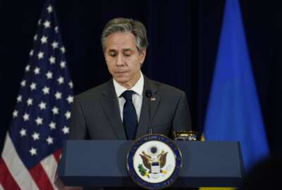Secretary of State Antony Blinken pauses speaks during a news conference with Ukraine's Foreign Minister Dmytro Kuleba at the State Department in Washington, Tuesday, Feb. 22, 2022. (AP Photo/Carolyn Kaster, Pool)