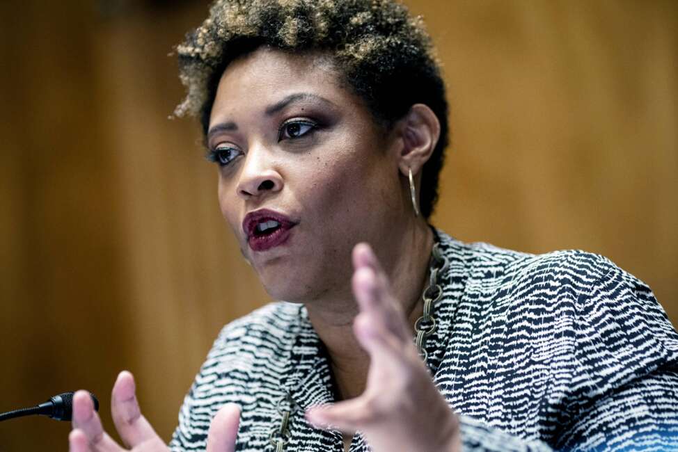 FILE - Shalanda Young, President Biden's nominee for Director of the Office of Management and Budget (OMB), speaks during a Senate Homeland Security and Governmental Affairs Committee confirmation hearing, Feb. 1, 2022 in Washington.  Young is awaiting a vote by the Senate to confirm her as director. She would be the first Black woman to lead the office if confirmed, which is expected. Six Black members of President Joe Biden's Cabinet will be meeting for a Black History Month event Thursday highlighting their roles in the administration, some of which are historic firsts.  (Al Drago/Bloomberg via AP, File)