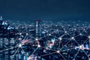 Telecommunication network above city, wireless mobile internet technology for smart grid or 5G LTE data connection, concept about IoT, global business, fintech, blockchain