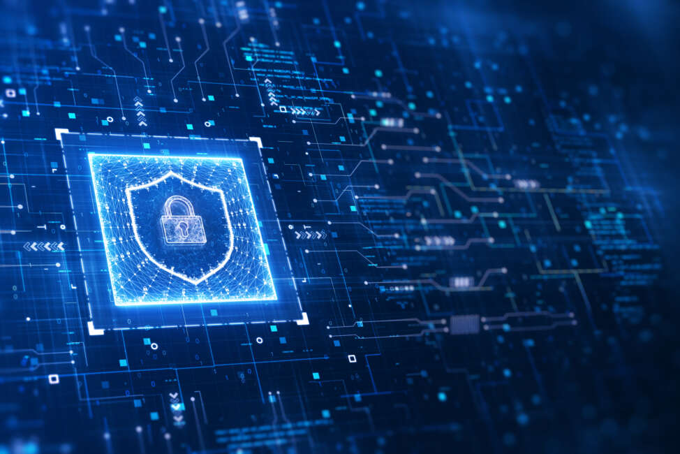 Cybersecurity concept of data protection in digital technology. There is a padlock in a prominent shield on the left, an abstract circuit surrounding the binary and fractal code. perspective design.