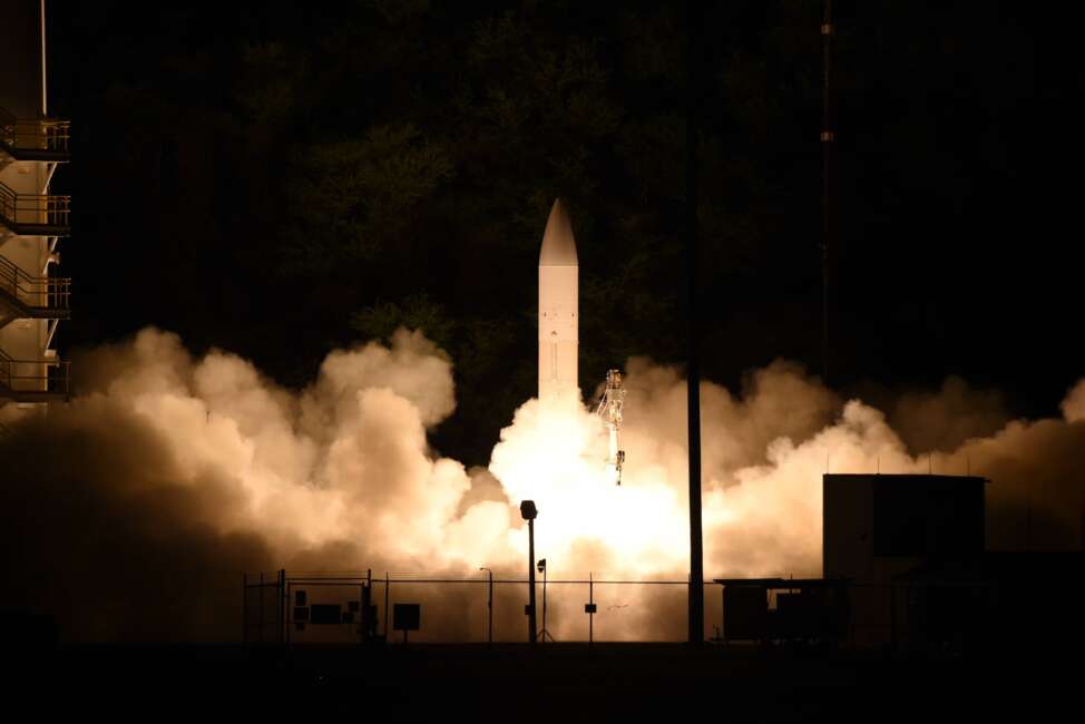 FILE - This handout photo provided by the U.S. Navy shows a common hypersonic glide body (C-HGB) launching from the Pacific Missile Range Facility, in Kauai, Hawaii, March 19, 2020, during a Department of Defense flight experiment. The department is working in collaboration with industry and academia to field hypersonic war-fighting capabilities. (Luke Lamborn/U.S. Navy via AP)