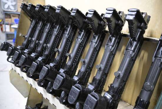 KelTec 9mm SUB2000 rifles, similar to ones being shipped to Ukraine, are viewed in a testing room at a manufacturing facility on Thursday, March 17, 2022, in Cocoa, Fla. The family-owned gun company was left holding a $200,000 shipment of semi-automatic rifles after a longtime customer in Odessa suddenly went silent during Vladimir Putin’s invasion of Ukraine. Fearing the worst, the company decided to put those stranded 400 guns to good use, sending them to Ukraine's nascent resistance movement. (AP Photo/Phelan M. Ebenhack)
