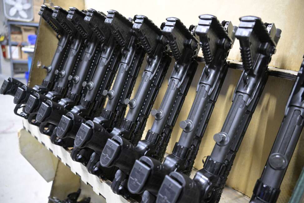 KelTec 9mm SUB2000 rifles, similar to ones being shipped to Ukraine, are viewed in a testing room at a manufacturing facility on Thursday, March 17, 2022, in Cocoa, Fla. The family-owned gun company was left holding a $200,000 shipment of semi-automatic rifles after a longtime customer in Odessa suddenly went silent during Vladimir Putin’s invasion of Ukraine. Fearing the worst, the company decided to put those stranded 400 guns to good use, sending them to Ukraine's nascent resistance movement. (AP Photo/Phelan M. Ebenhack)