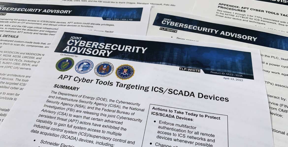 A joint cybersecurity advisory released by the Department of Energy, the Cybersecurity and Infrastructure Security Agency, the National Security Agency and the FBI is photographed in Washington, Wednesday, April 13, 2022. The agencies issued the joint alert Wednesday announcing the discovery of malicious cyber tools capable of gaining 
