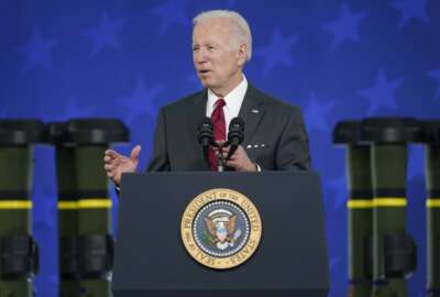 President Joe Biden speaks on security assistance to Ukraine during a visit to the Lockheed Martin Pike County Operations facility where they manufacture Javelin anti-tank missiles, Tuesday, May 3, 2022, in Troy, Ala. (AP Photo/Evan Vucci)